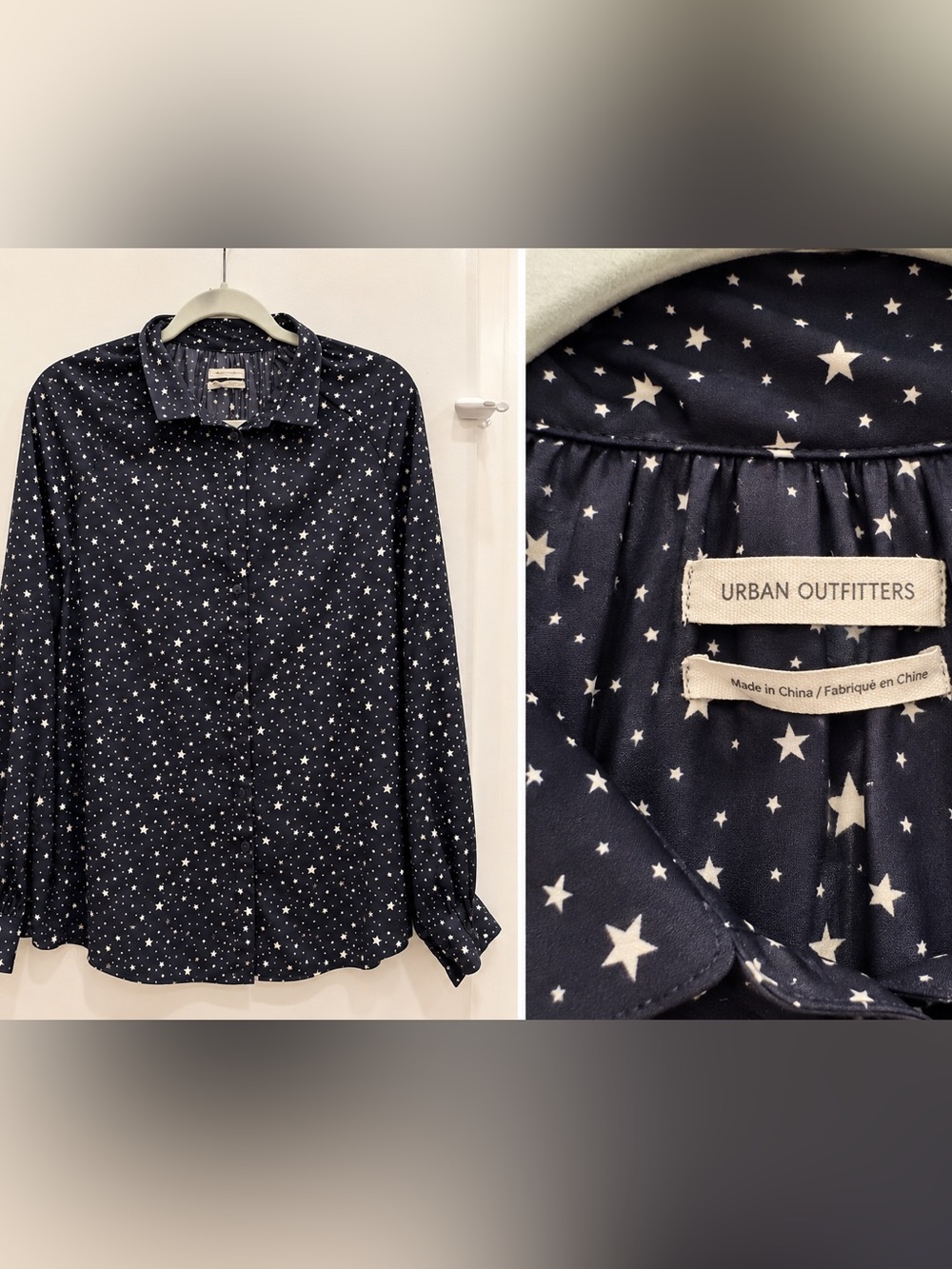Urban Outfitters Navy Satin Star Print Button Down Blouse Celestial